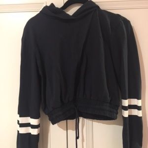 NAVY DOUBLE-STRIPED VARSITY CROPPED SWEATER / HOOD